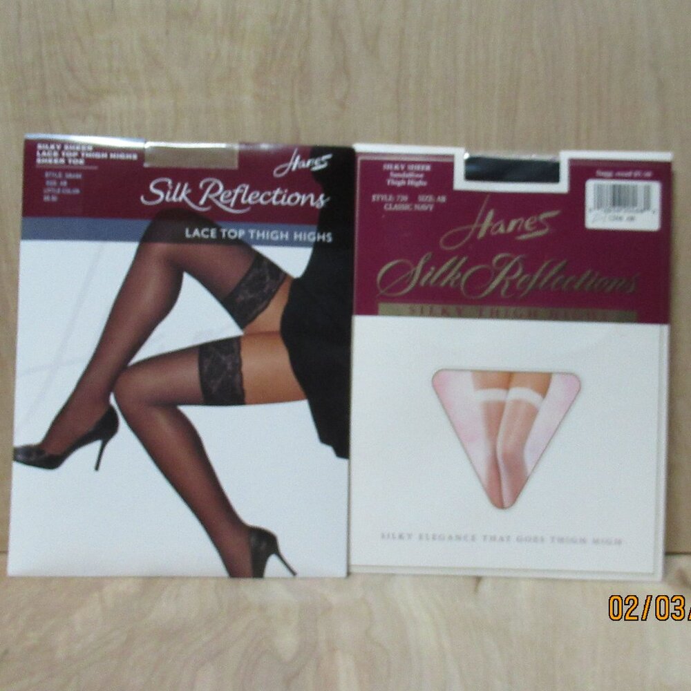 Hanes Silk Reflections Lace Top Thigh Highs Ltl Color & Navy NIP Size AB